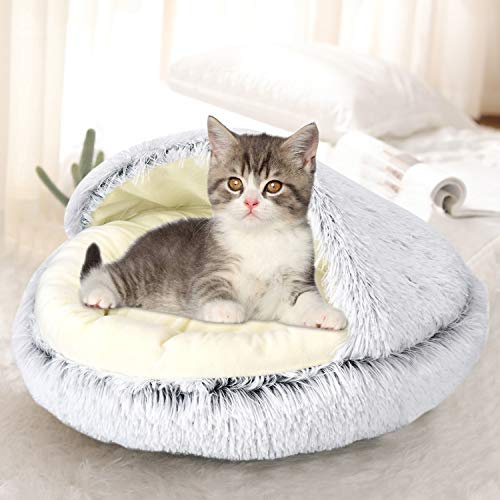 Queta Cuccia Rotonda per Gatti e Animali Domestici, Lavabile e Calda, Cuscino Morbido Semi Circondato a Forma di Doughnut, Grigio