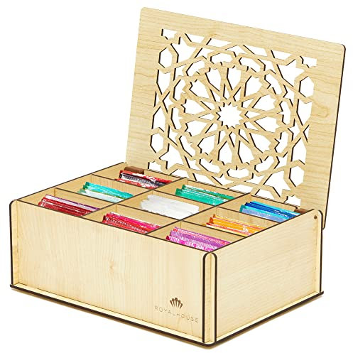 RoyalHouse Premium Wood (Hard MDF) Tea Storage Box Organizer (White), Eco-Friendly Multi-Functional Decorative Box, 9 Compartments For Assorted Variety Of Tea Bags and Small Items