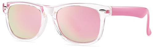 Pro Acme Kids Polarized Sunglasses, Flexible TPEE Frame Shades for Toddler Girls Boys, Ages 3-12 (D4 Crystal/Pink Mirrored Lens)