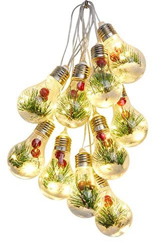 Palla per albero Natale,10 pezzi Palline Natale trasparenti luci LED Palline albero Natale appendere con neve artificiale aghi pino cembro per decorazioni per l'albero di Natale,forme di lampadine