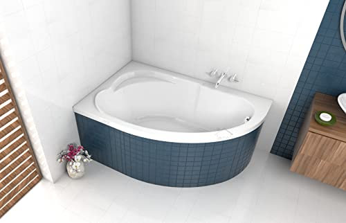 ECOLAM® Badewanne Wanne Eckwanne Eckbadewanne Acryl weiß Standard Polimat 130x85 cm LINKS + Wannenträger zum Verfliesen Ablaufgarnitur Ab- und Überlauf Automatik Füße Silikon Komplet-Set