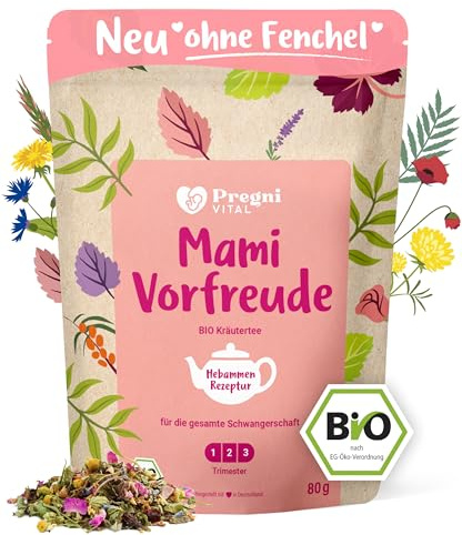 PregniVITAL Mami Vorfreude – BIO Schwangerschaftstee 1. 2. 3. Trimester – Beliebte Hebammen-Kräuter für die gesamte Schwangerschaft – auch perfekt als-Geschenk – 80 g lose Kräuter