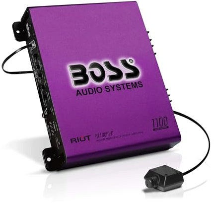 BOSS Audio Systems R1100M-P Riot Series Amplificateur de caisson de basses audio pour voiture – Sortie haute 1100, monobloc, classe A/B, stable 2/4 Ohm, entrées bas/haut niveau, croisement passe-bas,