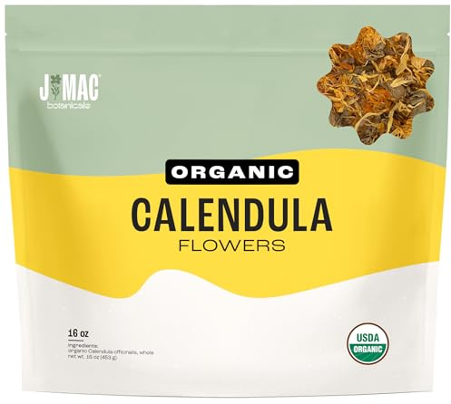 J Mac Botanicals, Organic Calendula Flower (16 ounce), whole dried flowers and petals, loose leaf tea, marigold flower, USDA Certified Organic. Great for loose leaf teas, cocktail bombs, salve