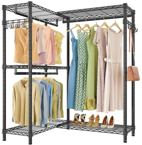 VIPEK L4 Garment Rack L Shaped Clothes Rack for Corner, Freestanding Portable Wardrobe Closet Heavy Duty Clothing Rack with 3 Hanging Rods & 2 Side Hooks, 43.3Lx29.1Wx76.4H, Max Load 810LBS, Black