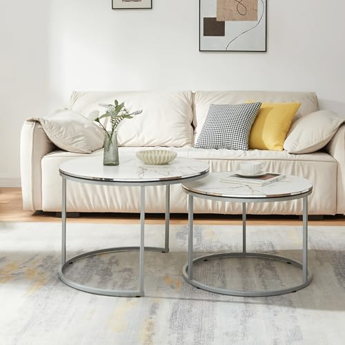 [en.casa] Couchtisch 2er Set Skagen Wohnzimmertische Beistelltische rund Satztisch Metallgestell Marmoroptik, weiß/Silberfarben
