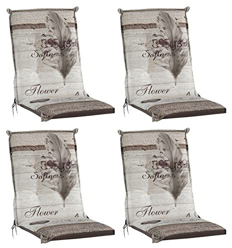 Home4You Gartenstuhlauflagen Mittellehner 4er Set - 110 x 50 cm - Beige - Federmotiv - Baumwolle - Sesselauflage Sitzpolster Stuhlauflage