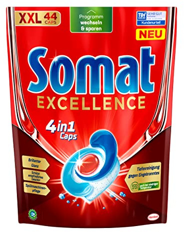 Somat Excellence 4in1 Caps (44 Caps), schnellauflösende Spülmaschinentabs, Somat Caps für exzellente Reinigung & Glanz sogar im Eco-Programm & bei niedrigen Temperaturen