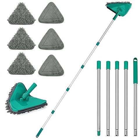 JEHONN 200CM Wall Cleaning Mop with Long Handle, 3-in-1 Ceiling Cleaner Tool Duster with 6 Replacement Microfiber Chenille Pads for Painted Walls, Window, Floor, Baseboard (Green)