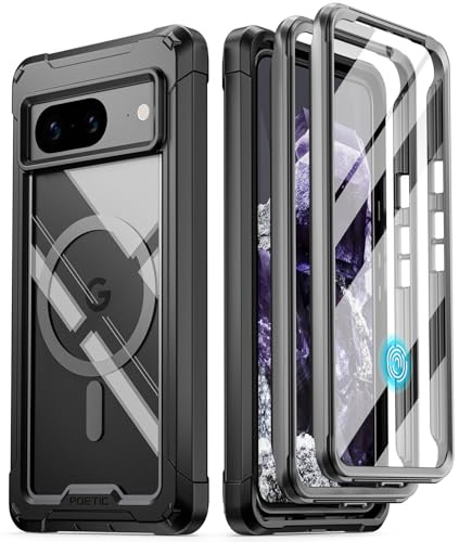 Poetic Guardian MagPro Hülle, kompatibel mit Pixel 8 5G 6,2 Zoll, [Kompatibel mit MagSafe], Ganzkörper-Hybrid-Schutzhülle, stoßfest, mit integriertem Displayschutz, Schwarz/Transparent