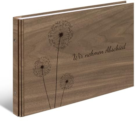 Kondolenzbuch Gästebuch echtes Holz DIN A4 Buch - Pusteblume - mit 72 Blatt / 144 Seiten Naturpapier Weiß