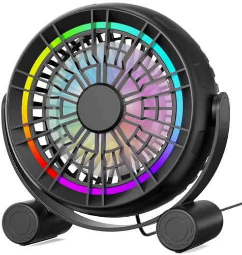 Ventilatore da tavolo USB RGB - Ventilatore da tavolo portatile silenzioso a 3 velocità, 8 luci LED a colori, rotazione a 360°, piccolo ventilatore per la casa e l'ufficio.
