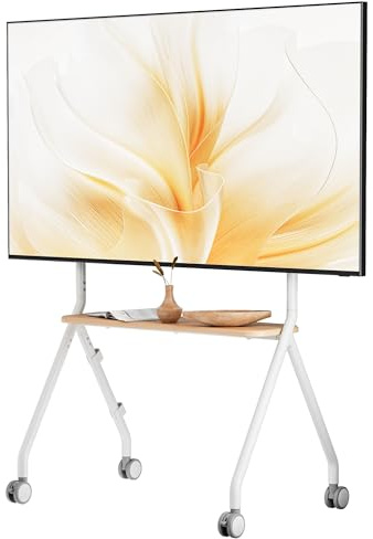 ECOTINY Rollender TV-Ständer für 124-203 cm (49-80 Zoll) Bildschirme bis 50 kg, Tragbar Mit Rollen, Höhenverstellbar für Business, Büro, Schule, Zuhause, Weiß | Mobiler TV-Wagen, vier feststellbare 360°-Räder, Medienregale aus Holz, Kabelmanagement und VESA bis 600x400