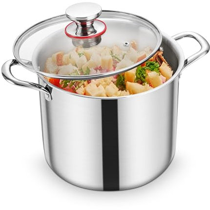Homikit Kochtopf 10L, Groß Suppentopf Topf Induktion aus 3-Lagen Edelstahl für alle Herdearten, Edelstahl Poliert Nudeltopf Fleischtopf mit Glasdeckel, Unbeschichtet, Spülmaschinenfest
