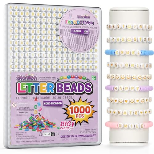 1000Pcs Letter Beads Gold, Round Alphabet Bead Friendship Bracelet Making Kit with Elastic String in Box, Colorful Smile Heart Preppy Beads for Jewelry Making, DIY Gift for Girls