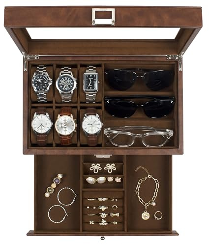 KILHS Uhrenbox für 6 Uhren und 3 Sonnenbrillen, Watch Box mit Glasdeckel, Schmuckaufbewahrung Herrn, doppelter Platz für Ringe, Ohrringe usw., mit Schlüsselschloss, Geschenk, Braun