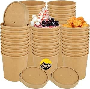 KURTT 100 Stück, 12oz/350ml Pappbecher mit Deckel - Multifunktionaler Einsatz für Eisbecher, Suppenbecher, Lebensmittelbecher - Kraftkarton Becher - Dressingbecher - Salatschale - Umweltfreundlicher