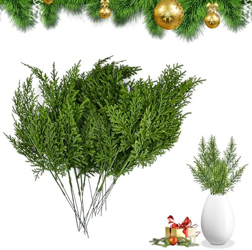 NAROSEBE 35 Pezzi Rami di Pino Artificiale, Ramo di Pino di Natale, Ramo di Abete Finto, Ramo di Abete di Natale Decorativo, Aghi di Pino Verde con 1 Rotolo di Cinghie per Ghirlanda da Giardino, Verde