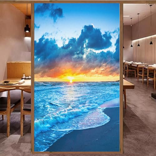 Sonnenuntergang am Strand Fensterfolie Selbsthaftend Blickdicht Sichtschutzfolie Fensterfolie Anti-Uv Dekorfolie Statisch Fensteraufkleber Für Wohnzimmer Küche Büro 45x200cm