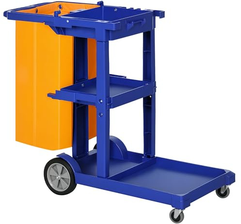 HOMCOM Professioneller Reinigungswagen mit 3 Ablagen mit Besenhaken und 100L Tasche, Mehrzweck-Kunststoff-Rollwagen für Hotel, Hotel und Restaurant, 121x50.5x96.5 cm, Blau