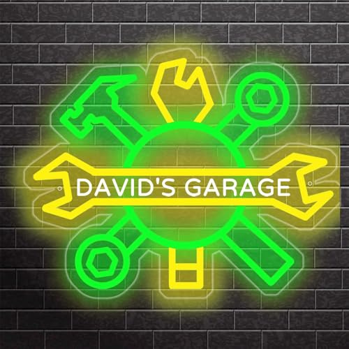 MYZQIFF Personalisierte Schraubenschlüssel Werkzeug Garage Neon Zeichen für Wand Dekor, benutzerdefinierte Name Auto Garage LED Neon Lichter für Garage Dekoration, Weihnachten Papa Mechanic Geschenke