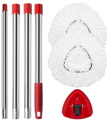 Spin Mop Head Replacement Set, 2 Microfibre Pads + Handle + Base, | Compatible with Vileda Turbo Mop, Ideal for Bathroom & Household Cleaning