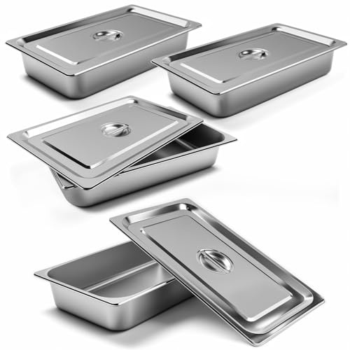 Soiiw 4 Pack Edelstahl Hotel Pfannen 1/1 Vollgröße x 4 Zoll Tiefe Dampftischpfanne 0,8 mm Dicke mit Deckel Anti-Jam Pfanne Edelstahl Dampfer Pfanne für Hotel Restaurant Buffet