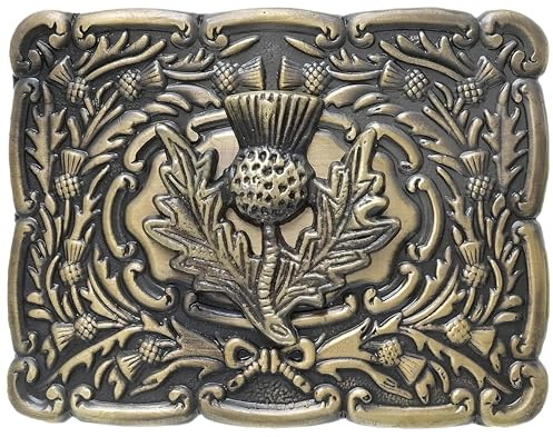 Celtic Thistle Kilt Belt Buckle – Traditional Scottish Thistle Design, Highland Men’s Accessory, Crafted Pewter for Classic Kilt Attire (Piper Buckle - Brass Antique)