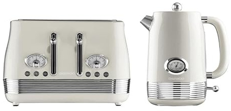 Daewoo Denver Breakfast Set – Buttermilk Cream, Retro 1.5L Rapid Boil Kettle & 4 Slice Wide Slot Toaster, Temperature Gauge, Defrost, Reheat, Cancel Functions, Ideal for Stylish Kitchens