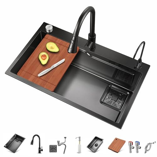 Brigtviee Évier de Cuisine 1 Bac Noir en INOX, Lavabo Multifonction Cuisine avec Robinets Extractibles en INOX, Distributeurs de Savon, Vasques Intérieures, Kits de Drainage, etc,60x45cm