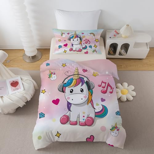 DJDEA Juego de funda de edredón para cuna de unicornio arcoíris, 120 x 150 cm, juego de ropa de cama para niños y niñas, divertido diseño único de unicornio, funda de edredón de microfibra suave a