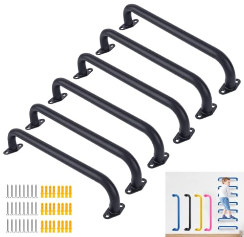 BiJun 43,2 cm schwarze Metall-Spielplatzgriffe (6er-Set) robuste Deckengriffe für Indoor-Spielplätze, Klettergerüst, Affenstangen und Wandleitern; matte Textur, Sicherheitsgriff, unterstützt das