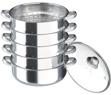 DAOHHFO 5 Tier Stainless Steel Steamer Cooker Pot Set - Kitchen Appliance Steam Pot Steam Container with Glass lid - Different Sizes Available (Silver, 30cm)