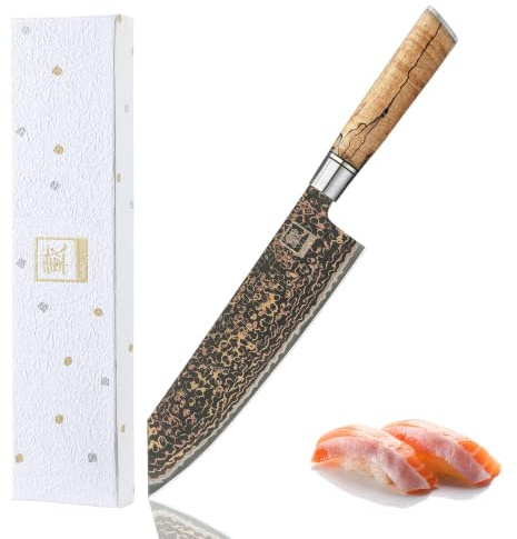 zayiko BlackMagma Kiritsuke Damastmesser 21 cm, 33 Lagen Damast, VG10-Kern | Kupfer-Bronze-Einlage, Ahornwurzelholzgriff, 60 ± 2 HRC, 15° V-Schliff beidseitig und Geschenkbox für Zug- und Druckschnitte