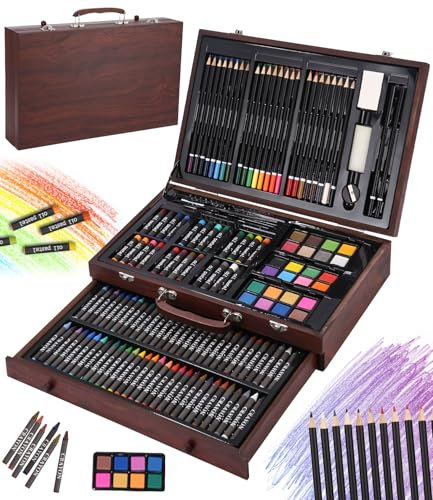 SOBEAU Maletin Pinturas para Niños, 140 Piezas Estuche Pinturas, Pintura Acrílica, Lápices de Colores, Pasteles, Kit Pintura para Niños Adultos,Marrón