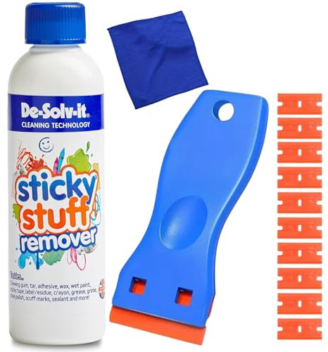 De Solv It Sticky Stuff Remover Liquid 250ml – With 10 Cleaning Refills & Microfiber Cloth – Label Remover, Tar Remover, Chewing Gum, Glue, Sticker & Adhesive Remover for Multi-Surface Cleaning