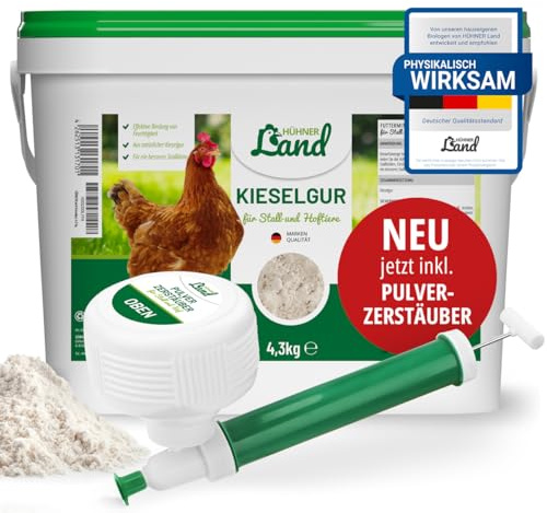 HÜHNER Land Kieselgur für Hühner 4,3kg INKLUSIVE Pulverzerstäuber - Reines Kieselgur Hühner Pulver, Kieselerde Pulver, Naturprodukt für Hühnerstall, Laborgeprüft für Geflügel Betriebe