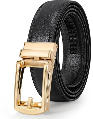 LEACOOLKEY Herren Ledergürtel mit Schieber Automatik Ledergürtel Ratschengürtel für Männer mit Automatikschnalle, G-Schwarz mit Gold, 59.1“，suit pant size 44-50