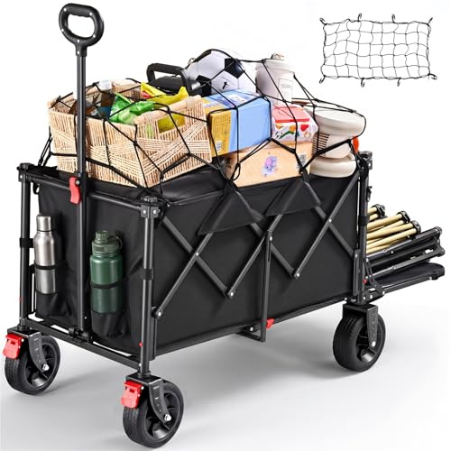 240L Festival Trolley on Wheels, Folding Wagon, Portable Camping Cart, Heavy Duty Camping Trolley Foldable for Beach Outdoor Shopping Fishing, Rear-Opening Design, Front Dual Brake Trolley, Black