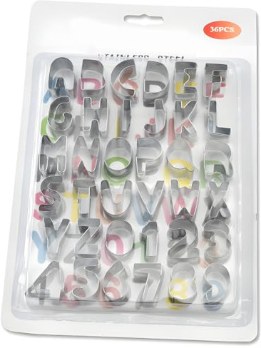 YOFAPA 36 Pcs Stainless Steel Alphabet and Number Cookie Cutters, 1-Inch Letter and Number Fondant Cutters Set, Includes Cleaning Brush, Ideal for Baking and Decorating Cookies, Cakes, and Crafts