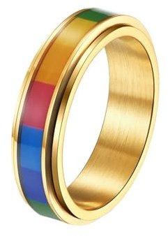 Whoiy Bröllopsring i rostfritt stål med gravyr, 6 mm breda herrringar anti-ångest spinnare regnbåge förlovningsringar vigselringar silver guld/svart personlig herrbandring storlek 52–67, 54 (17.2