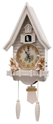 RUETERY Kuckucksuhr Modern Weiß, Wanduhr mit Stundenschlag & Lautstärkeregler, Geräuschlose Quarzuhr für Wohnzimmer Schlafzimmer, Batteriebetrieben mit Leiser Bewegung, 32.5x69cm