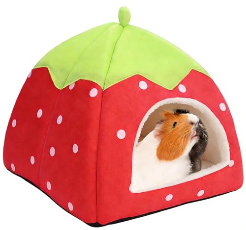 Cute Strawberry Guinea Pig Bed & Guinea Pig House - Adorable Small Animal Warm Nest for Hamsters, Rabbits, Hedgehogs, Cozy Guinea Pig Hideout, Soft Plush Sleeping Guinea Pig Hide, Removable Pad