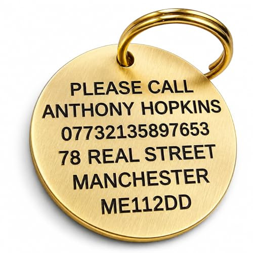 Premium Solid Brass Dog Tags for Pets Engraved UK - Personalized Round Pet ID Tags for Dogs & Cats - Custom Identification Brushed Disc - Deep Engraving