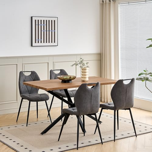 DEYARNA HOME Essgruppe Set Tisch und Stühle, Rechteckiger Esstisch (140 cm) mit 4 Esszimmerstühlen aus Leinenstoff und Griff für Küche, Esszimmer (Dunkles Holzdekor+4*stühle (Dunkelgrau))