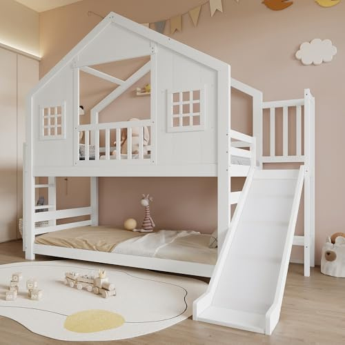 FammyLoft Hochbett Kinder mit Rutsche, 90 * 200+90 * 200cm Hausbett mit Dachdesign, Etagenbett mit Fenster-Form, Stockbett für 2 Kinder, Jugendbett, Kinderhochbett, Ohne Matratze, Weiß