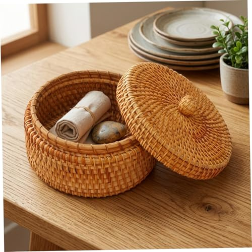 Cesta de mimbre con tapa, cesta de almacenamiento de ratán natural para organización del hogar, caja decorativa redonda para llaves, aperitivos, frutas, redonda, mimbre con tapa, almacenamiento