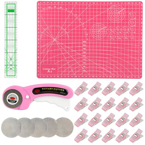 Juego de cortadores giratorios, kit de acolchado – Alfombrilla de corte A4, cortador giratorio de 45 mm, 5 cuchillas giratorias adicionales, regla acrílica y 20 clips de costura, cortador de tela para
