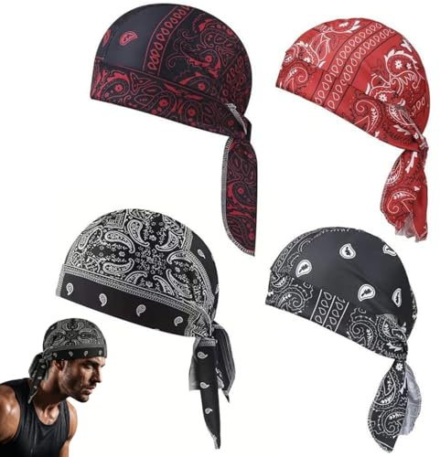 4 Pack Paisley Cooling Headscarf Cap Set, Bandana Beanie, Adjustable Motorcycle Helmet Liner, Breathable Printed Bandana Hat Pirate Head Wrap Safety Elastic Fit