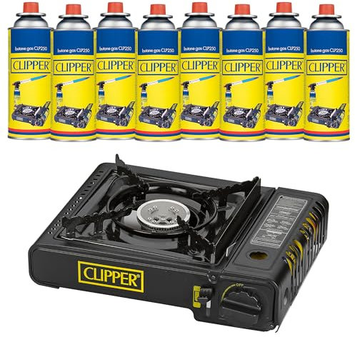 Clipper - Hornillo Camping | Cocina Portátil Estable | Potencia 2,200w | Con Cartuchos de Gas (8 uds)